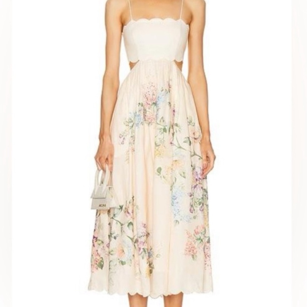 NWOT Christian Lacroix Peach Linen Blend Scallop Bodice Floral Midi Dress Medium